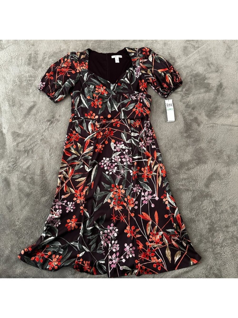 NWT London Times Satin Floral Midi Dress Women's 8 Burgundy Orange Pinup